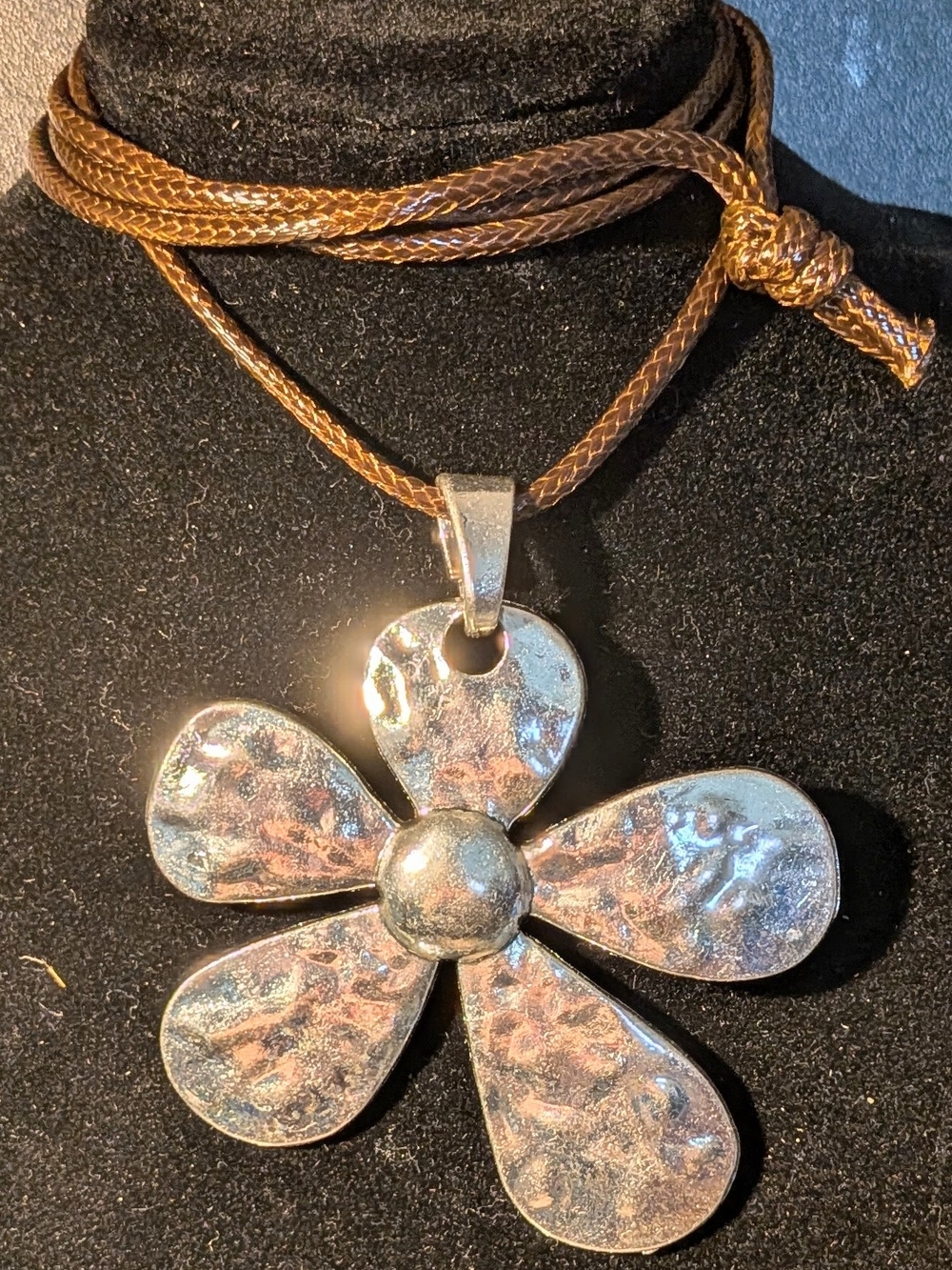 Silver Flower Pendant Hammered Style Necklace Long Cord